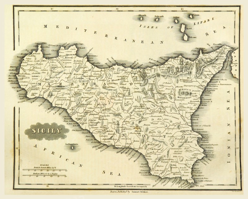 Map Sicily, Italy, 19th century engraving