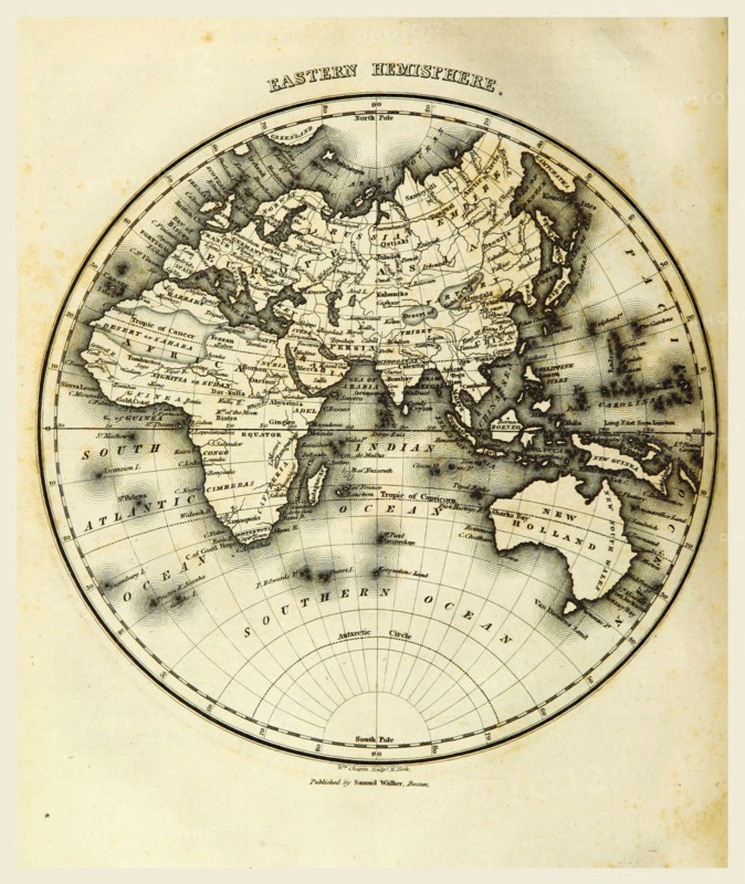 Eastern Hemisphere map, 19th century engraving