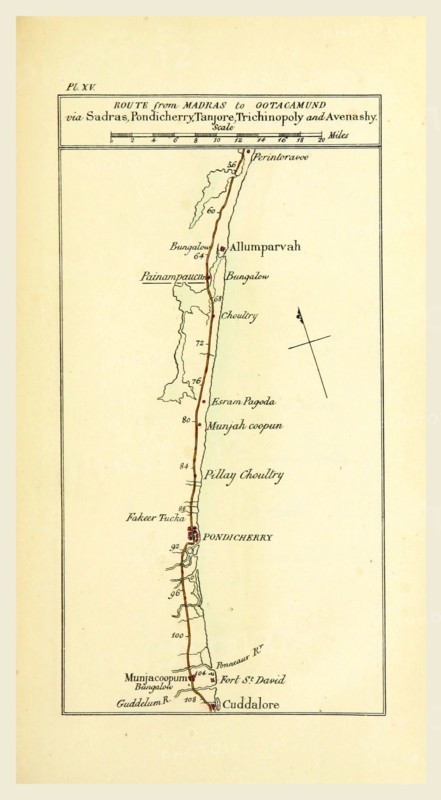 Observations on the Neilgherries, map of the route from Madras to Ootagamund, 19th century engraving