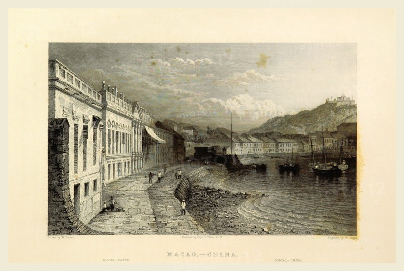Macao China, Views in India, China, and on the Shores of the Red Sea, drawn by Prout, Stanfield, Cattermole, Purser, Cox, Austen, &c. from original sketches by Commander R. Elliott, 19th century engraving