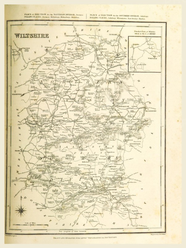 Map wiltshire, UK, 19th century engraving