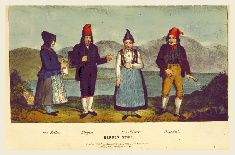 Scandinavian Sketches, or, a Tour in Norway, Bergen Stift, Fra Sellie, Stryen, Fra Jolster, Sogndal, 19th century engraving
