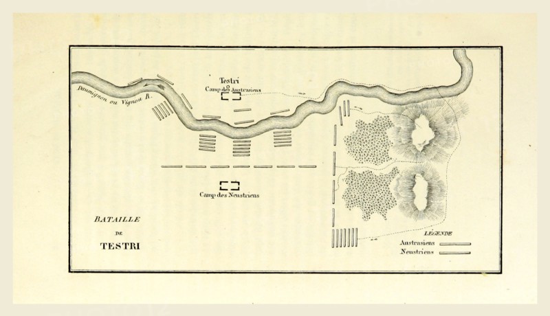 Battle of Testri  near Soissons, map, 19th century engraving
