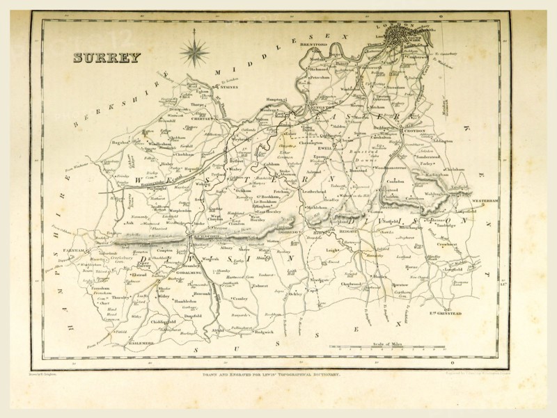 Map Surrey, 19th century engraving