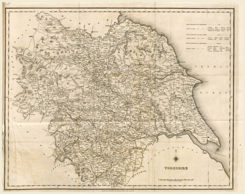Map Yorkshire UK, 19th century engraving