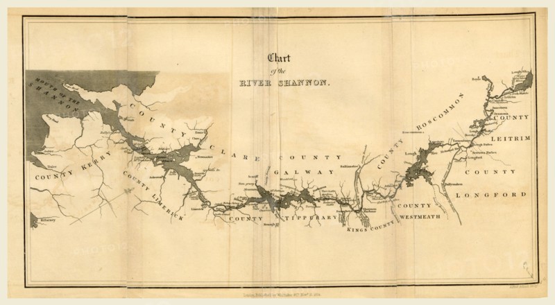 Ireland in 1834, map of the river Shannon, 19th century engraving