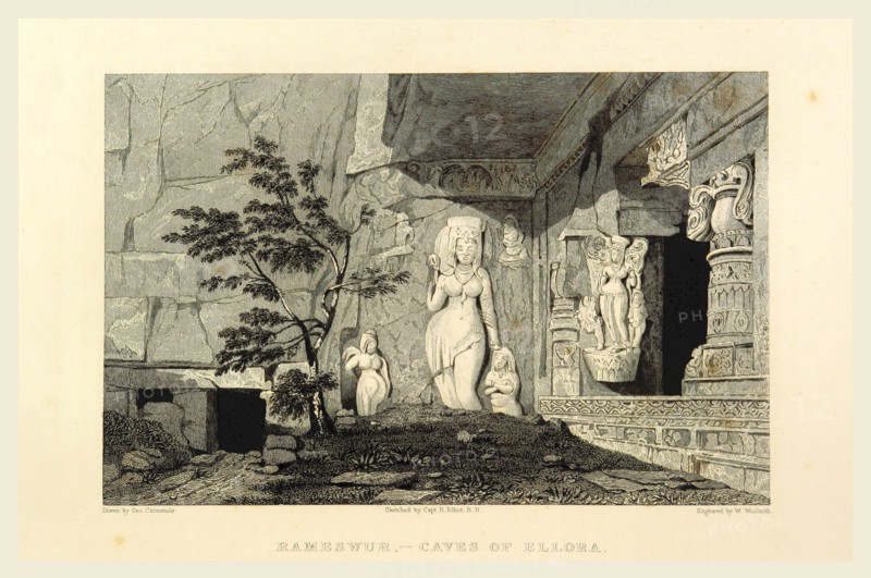Rameswur, caves of Ellora, Views in India, China, and on the Shores of the Red Sea, drawn by Prout, Stanfield, Cattermole, Purser, Cox, Austen, &c. from original sketches by Commander R. Elliott, 19th century engraving