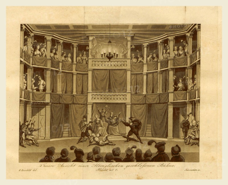 Old English closed Theatre, 19th century engraving