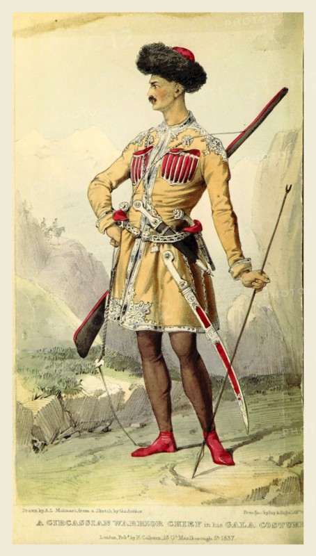 Circassian warrior, Travels in Circassia, Krim Tartary, &c, including a steam voyage down the Danube from Vienna to Constantinople and round the Black Sea in 1836, 19th century engraving