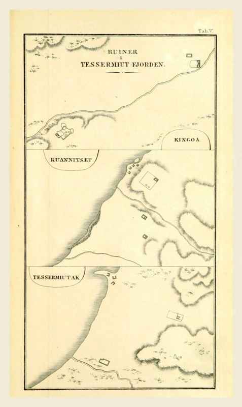 Ruins Tessermiut Fjord Greenland historical, 19th century engraving