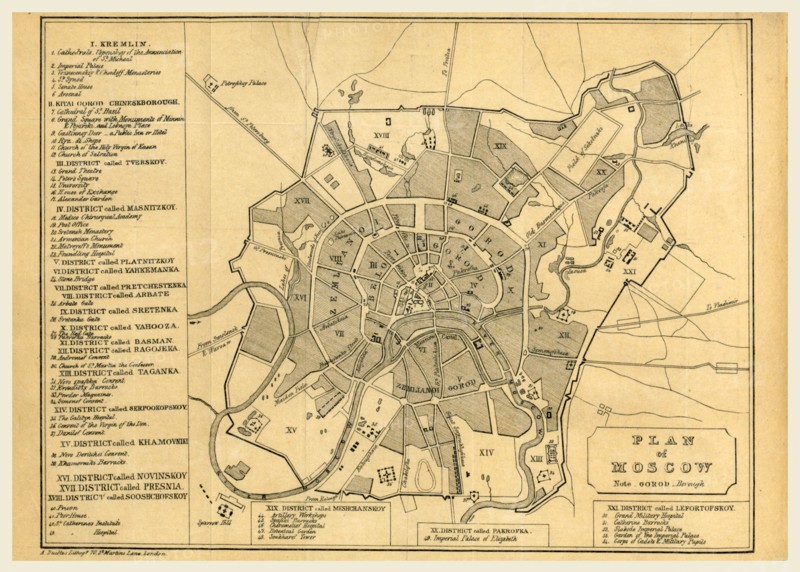 Map of Moscow, Russia, 19th century engraving