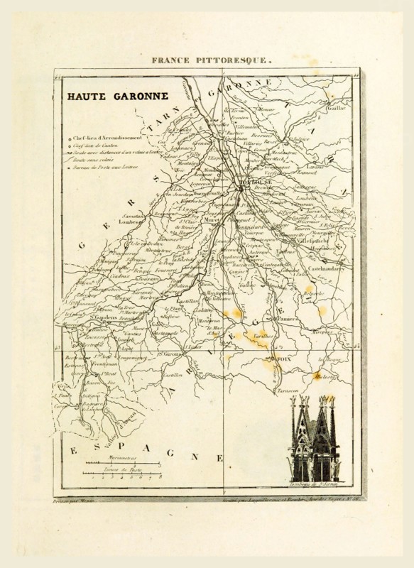 France pittoresque, map Haute Garonne, 19th century engraving