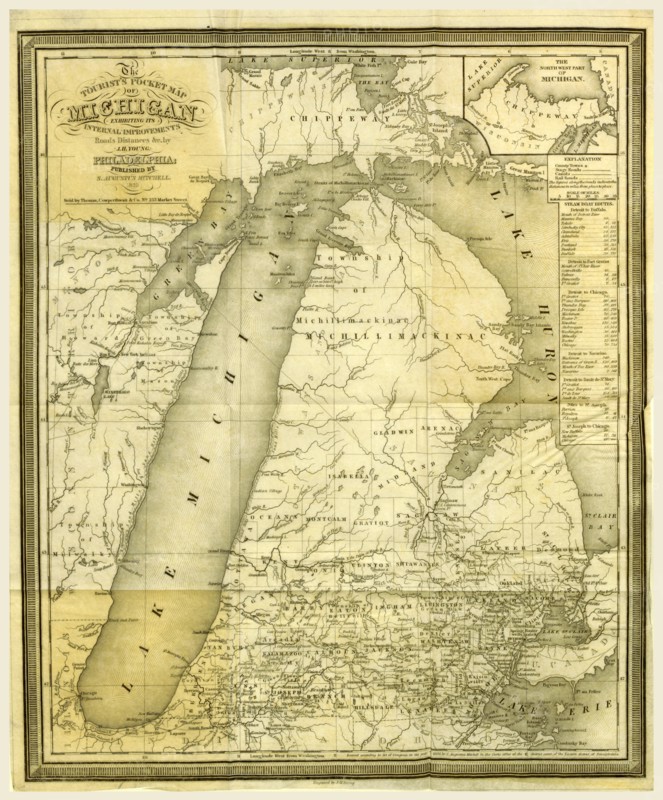 Map, History of Michigan, 1839, civil and topographical, in a compendious form, 19th century engraving, US, America