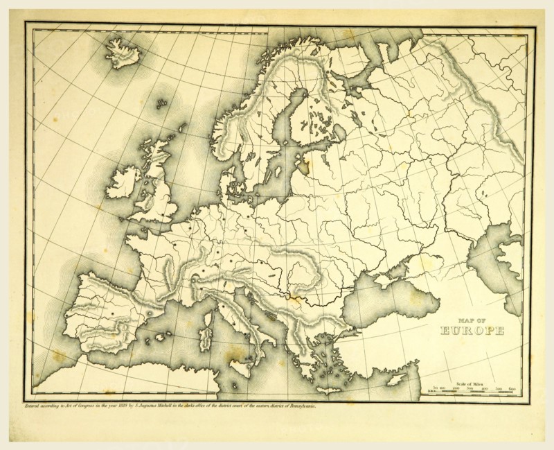 Mitchell's Atlas of outline maps, Europe, 19th century engraving