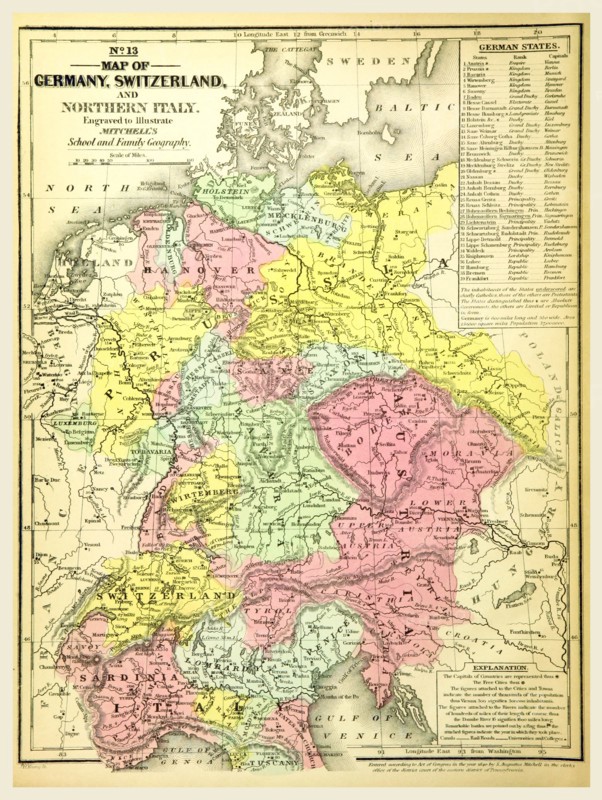 Map of Germany and Switzerland, 19th century engraving, Mitchell's Atlas