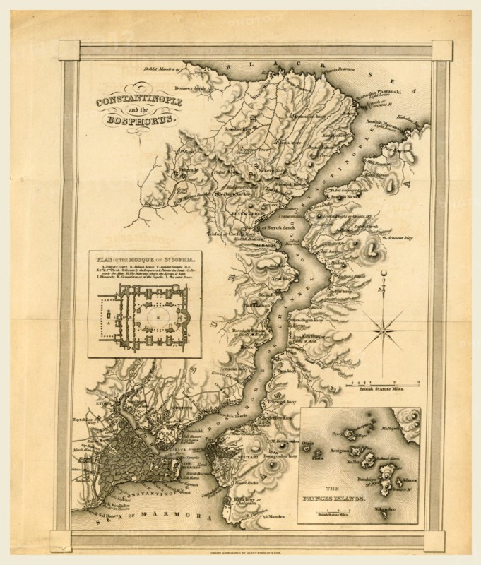 Constantinople, Istanbul bosphorus, map, The present State of the Turkish Empire, 19th century engraving