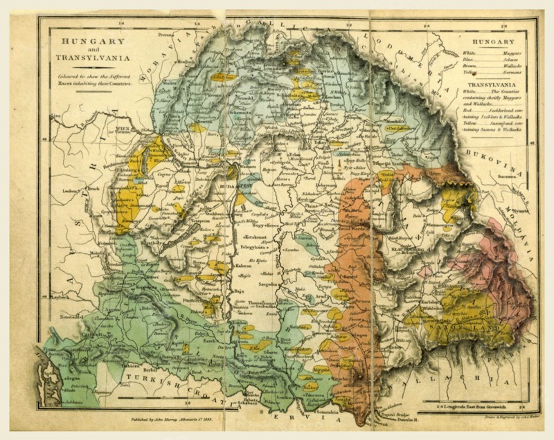 Hungary and Transylvania map, 19th century engraving