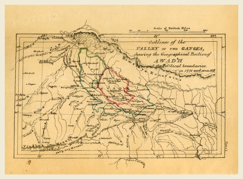 Map valley of the Ganges India, Outline of the Topography and Statistics of the Southern Districts of Oud'h, and of the cantonment of Sultanpur-Oud'h, 19th century engraving