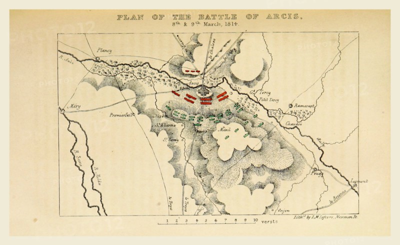 Map of the battle of Arcis, 1814, History of the Campaign in France in the year 1814, 19th century engraving