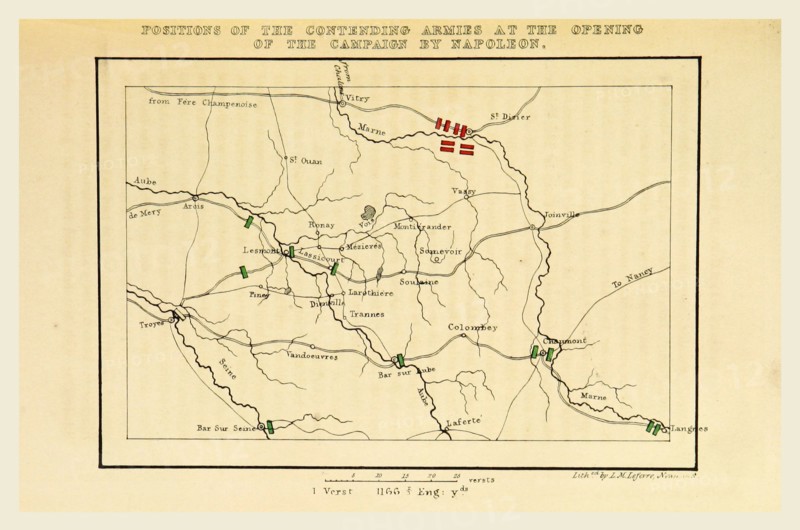 History of the Campaign in France in the year 1814, Opening of the campaign by Napoleon, map, 19th century engraving