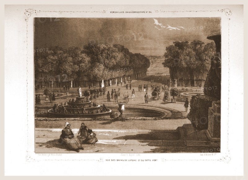 View of Bains de Latone et du tapis vert, Paris and surroundings, daguerreotype, M. C. Philipon, 19th century engraving