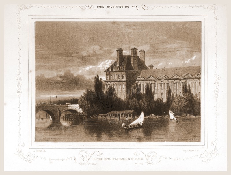 Le Pont Royal et le Pavillon de Flore, Paris and surroundings, daguerreotype, M. C. Philipon, 19th century engraving.