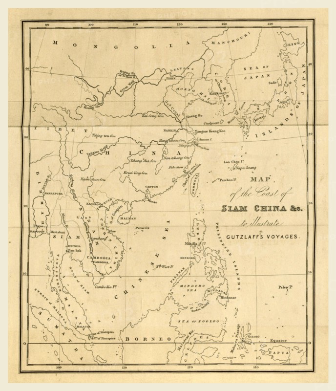 Journal of three voyages along the Coast of China, in 1831, 1832, and 1833, map of the coast of Siam China to illustrate Gutzlaffs voyages, 19th century engraving