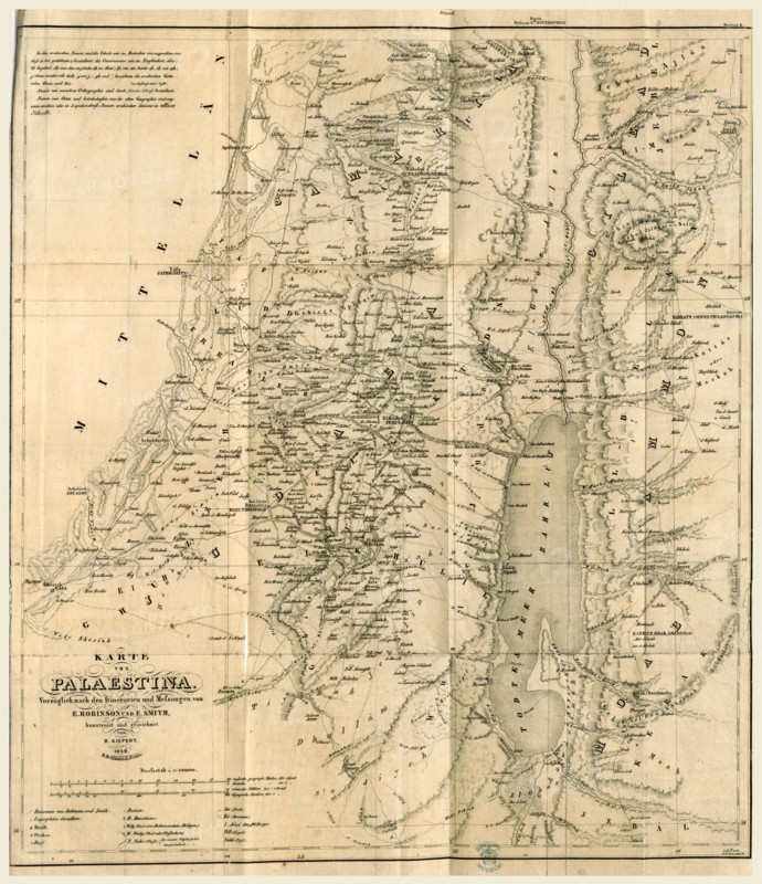 Map, Biblical Researches in Palestine, Mount Sinai, A journal of travels in the year 1838, by E. Robinson and E. Smith  Drawn up from the original diaries, with historical illustrations, by E. Robinson, 19th century engraving