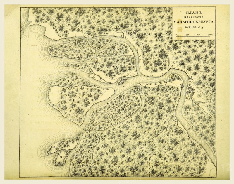 Map St. Petersburg, 1700, Russia, 19th century engraving