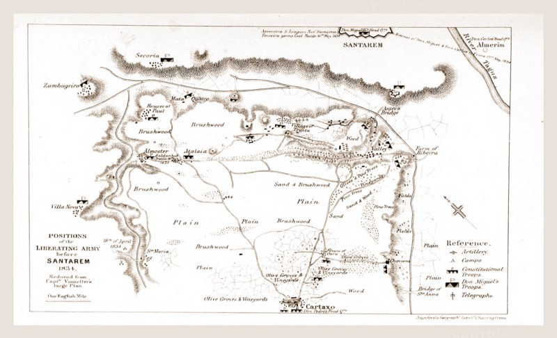 Positions of the liberating army before Santarem in 1834 The Wars of Succession of Portugal and Spain from 1826 to 1840, the political history of Portugal and Spain, 19th century engraving