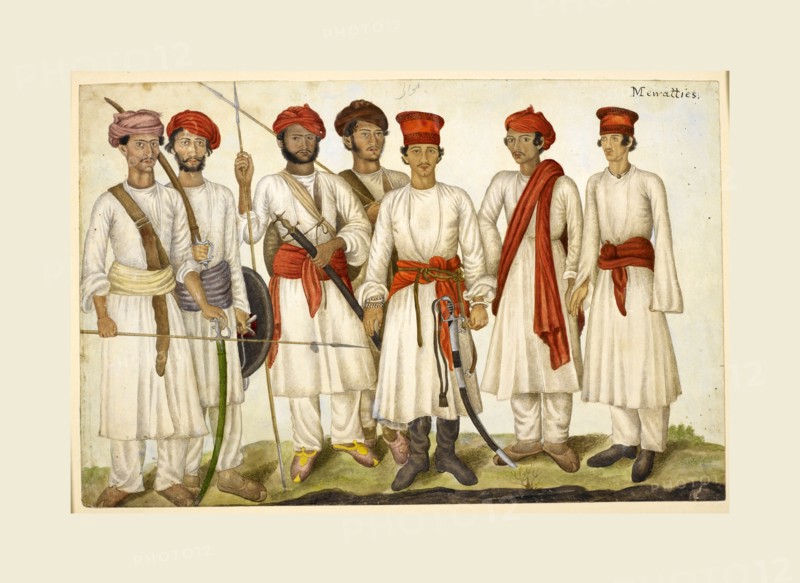 Untitled, Seven Mewatis, recruits for the regiment of Skinner's Horse. Tashrih al-aqvam, an account of origins and occupations of some of the sects, castes, and tribes of India, 1825. A view on Hindu and Muslim occupational groups