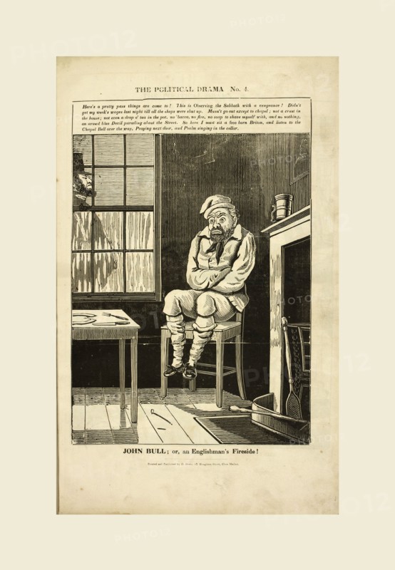 The Political drama. A series of caricatures, 'John Bull or an Englishman's fireside!' In a room an emaciated John Bull is sitting on a chair, shivering, a policeman is outside the window, 19th century engraving