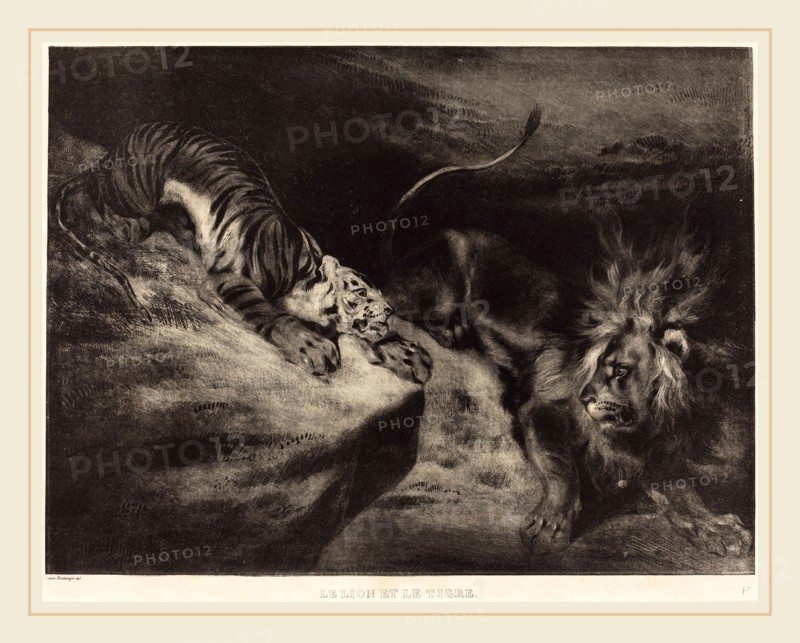Louis-Candide Boulanger after EugÃ¨ne Delacroix (French, 1806-1867), Le Lion et le tigre, c. 1830, lithograph on wove paper