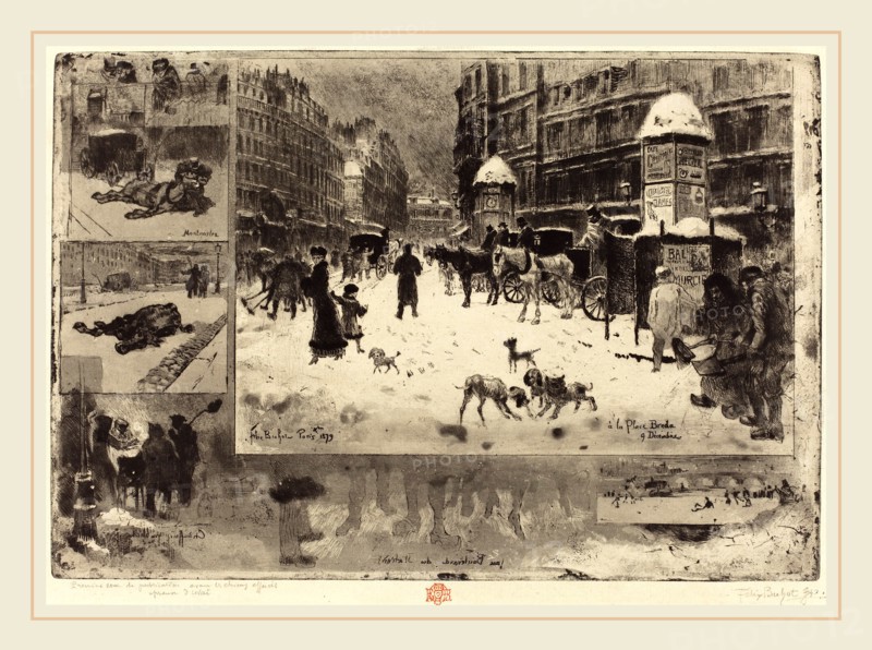 Félix-Hilaire Buhot (French, 1847-1898), L'Hiver Ã  Paris (Winter in Paris), 1879, etching, aqautint, spit-bite etching, soft-ground etching, drypoint, and scraping on light green laid paper