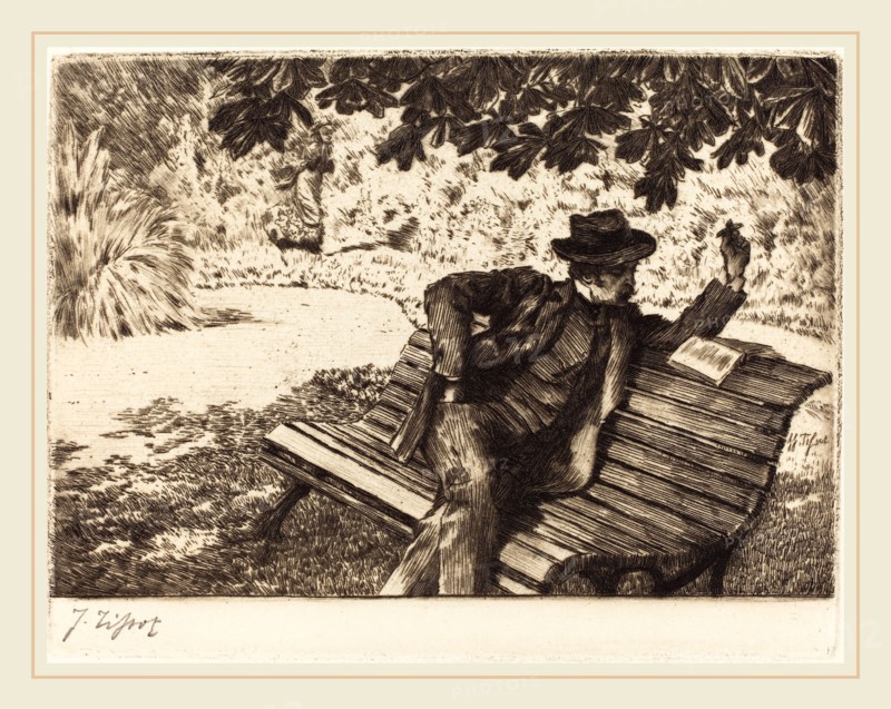 James Jacques Joseph Tissot (French, 1836-1902), Denoisel Reading in the Garden, 1882, etching on wove paper