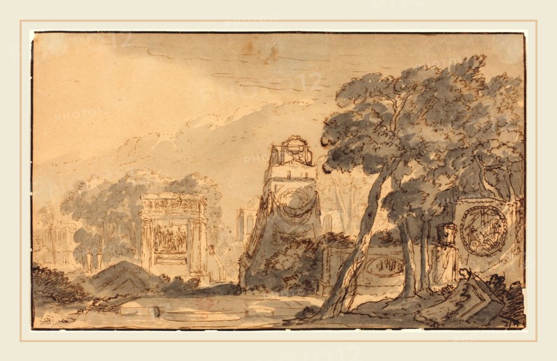 Agostino Mitelli (Italian, 1609-1660), Landscape with Ancient Tombs, pen and brown ink with gray wash on laid paper