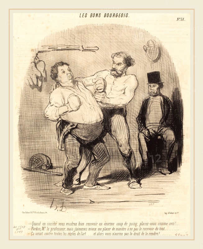 Honoré Daumier (French, 1808-1879), Quand en société vous voudrez bien recevoir un coup, 1847, lithograph on newsprint