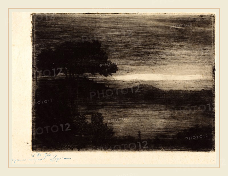 Vicomte Ludovic Napoléon Lepic (French, 1839-1889), Lake Nemi, 1870, etching with monoprint inking in black on Chinese paper
