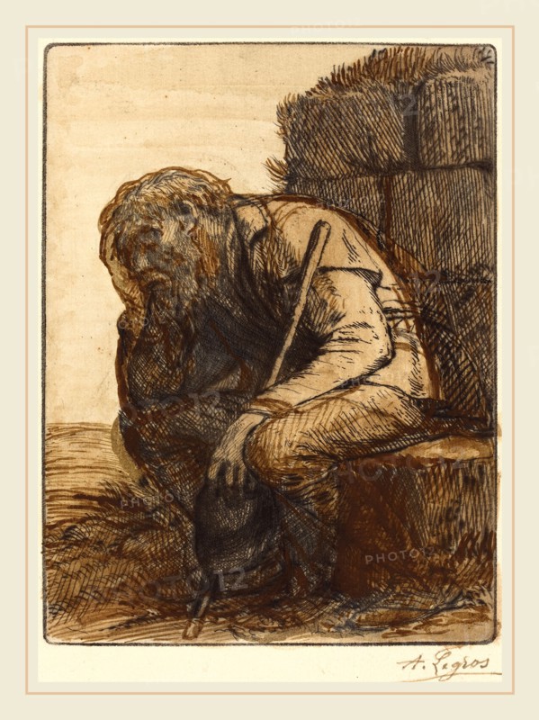 Alphonse Legros, Desperate Man (Le desespere), French, 1837-1911, etching and drypoint retouched with brown and grey ink
