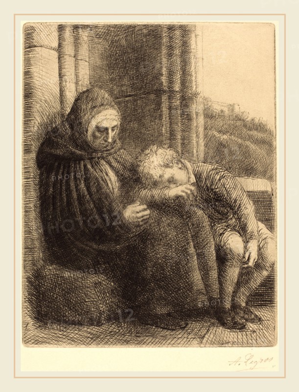 Alphonse Legros, Woman Seated against a Wall, Child with His Head in Her Lap (Femme assise, muraille au fond, enfant la tete dans son giron, French, 1837-1911, etching and drypoint