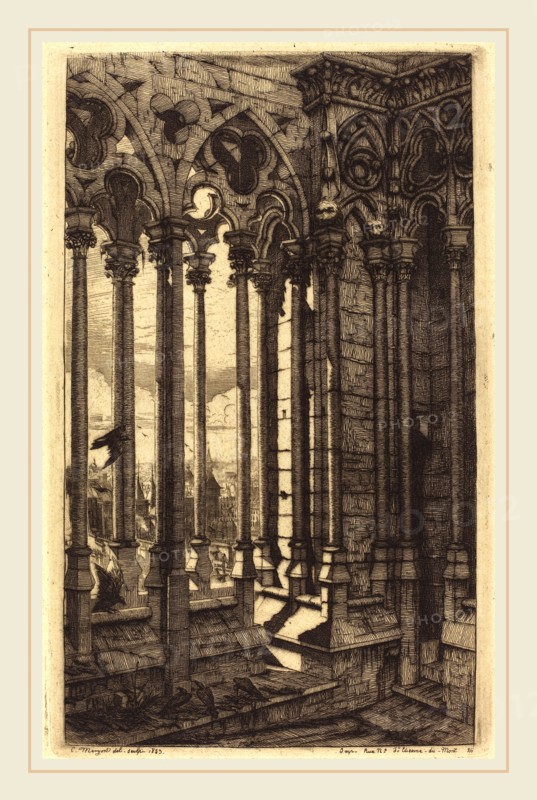 Charles Meryon (French, 1821-1868), La galerie Notre-Dame, Paris (The Gallery of Notre Dame, Paris), 1853, etching on green paper