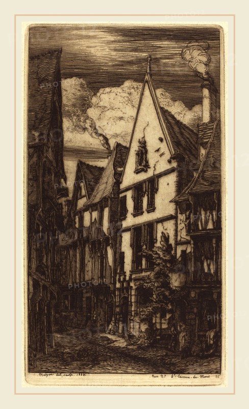 Charles Meryon (French, 1821-1868), La Rue des Toiles, Ã  Bourges, 1853, etching with drypoint on green paper