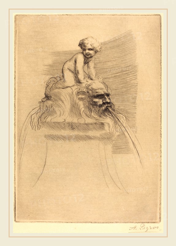 Alphonse Legros, Small Fountain, Child Playing on the Grotesques (Petite fontaine, enfant qui joue surdes masques), French, 1837-1911, etching