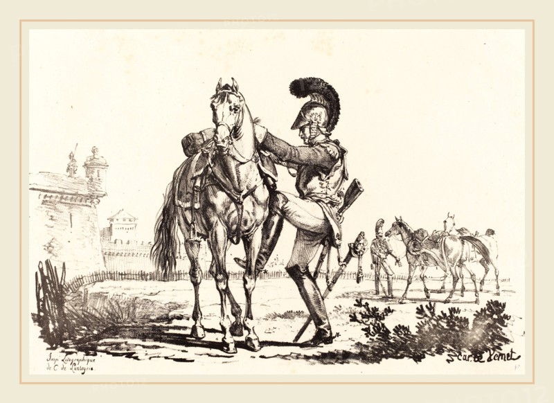 Carle Vernet (French, 1758-1836), Carabinier Mounting a Horse, lithograph