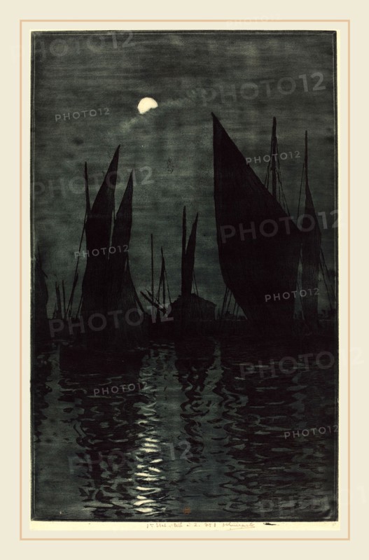 Henri-Charles Guérard (French, 1846-1897), Moonlight in the Harbor at Dieppe, c. 1885, color etching and aquatint on laid paper