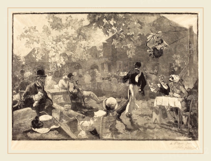 Auguste LepÃ¨re after Daniel Vierge (French, 1849-1918), Au coq des bruyeres, 1888, wood engraving on tissue paper