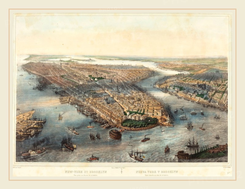 Theodore Muller after William Simpson (French, 1819-1879), New York et Brooklyn-Vue prise au dessus dela batterie, hand-colored lithograph