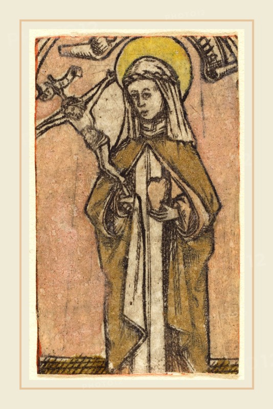 German 15th Century, Saint Brigitta?, c. 1460-1470, engraving, hand-colored