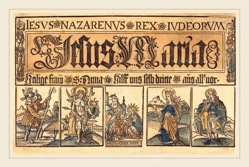 German 15th Century, Saint Anne, The Madonna and Child and Saints Christopher, Sebastian, Clara and Roche, c. 1500-1525, woodcut, hand-colored in blue, yellow, and cinnamon