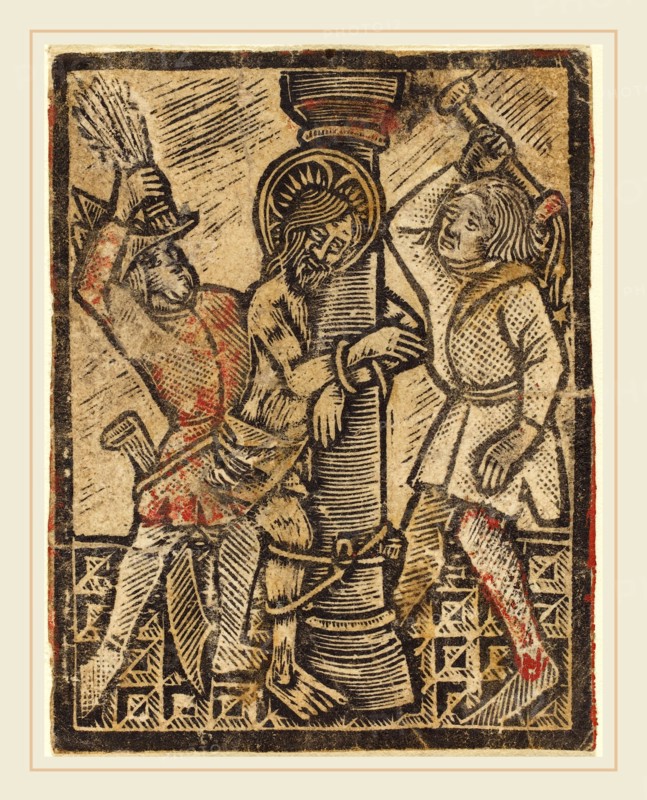 German 15th Century, The Flagellation, 1470-1480, metalcut, hand-colored in red and yellow